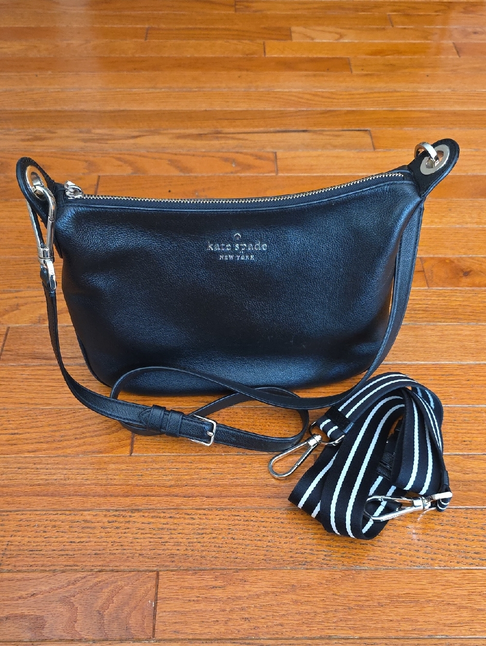 Kate Spade Large Rosie Black Leather Crossbody Bag with Striped And Solid Strap